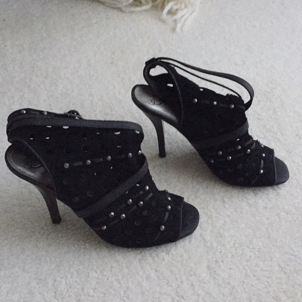 Fergie black suede open toe sling back pump